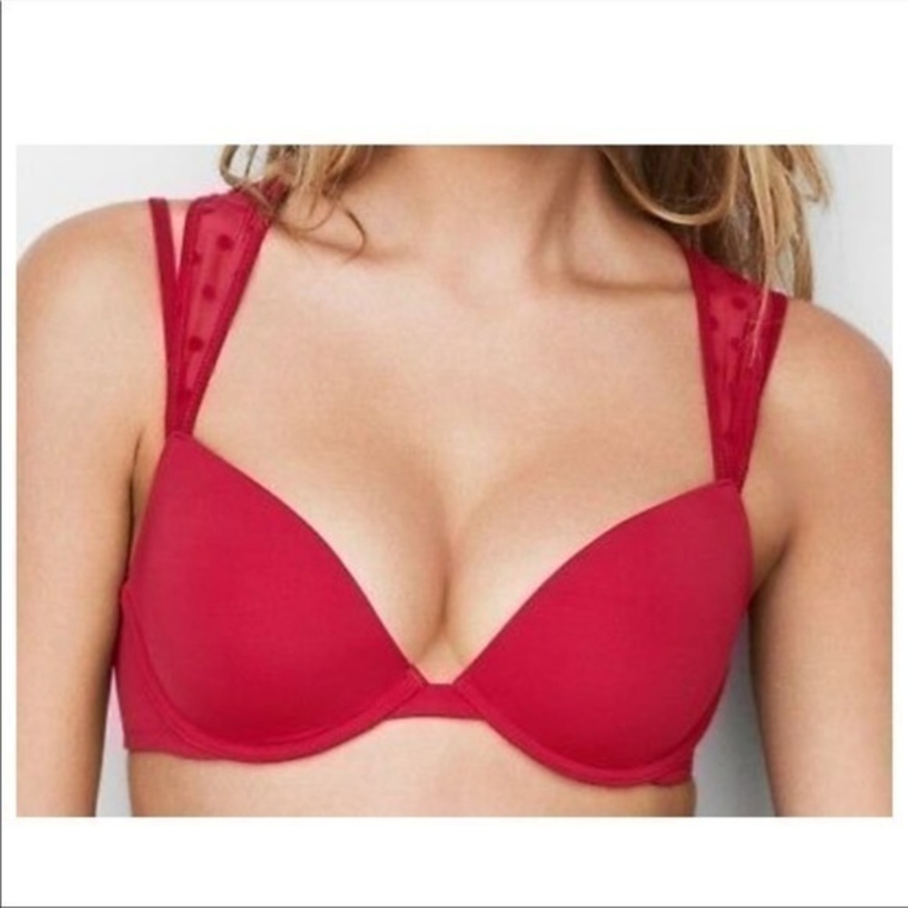 Victoria’s Secret Red Racerback Mesh Polka Dot Bra